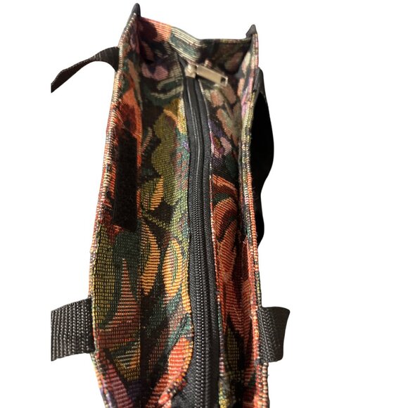 Vintage Floral Tapestry Zippered Tote Bag Front Pocket Black Handles Estate - Picture 5 of 6